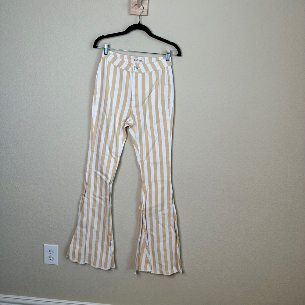 Peach Love California Tan White Striped High Waist Flare Bell Bottom Pants S